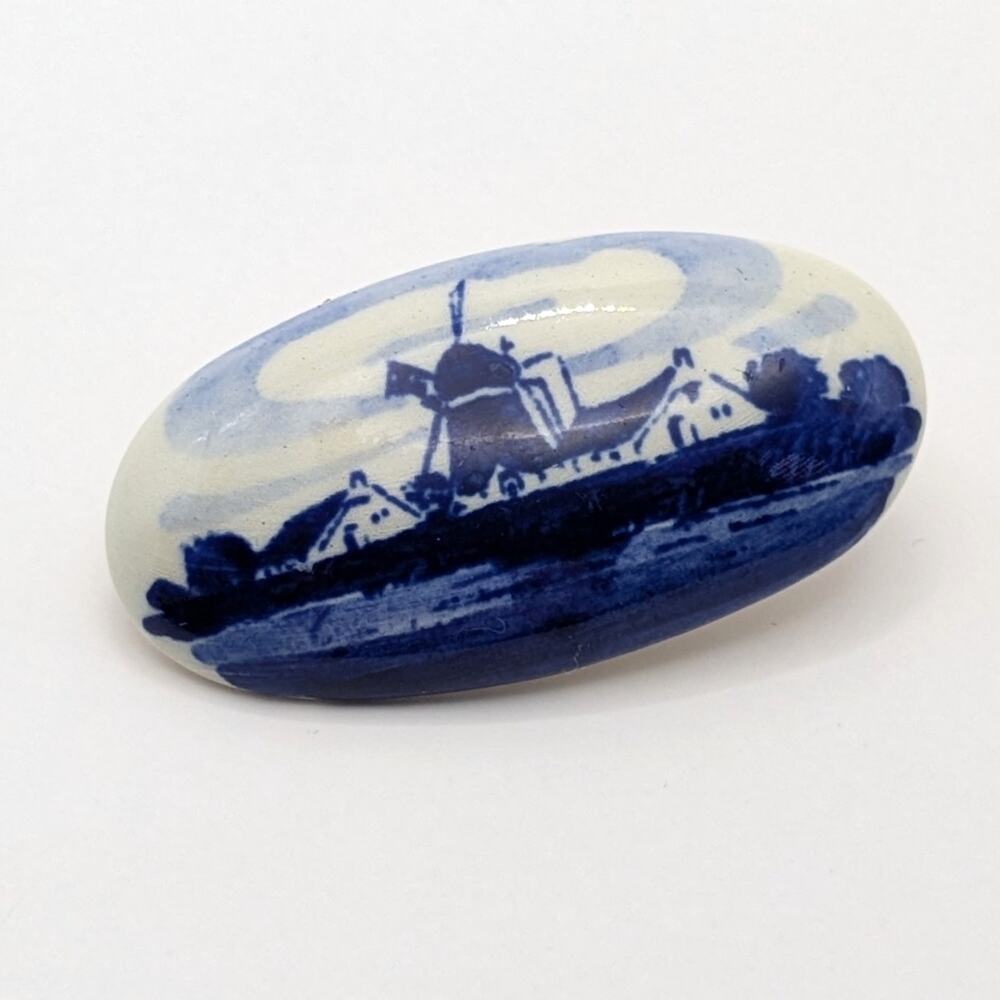 Vintage Ceramic Delft Blue and White Windmill Holland Oval Brooch Pin